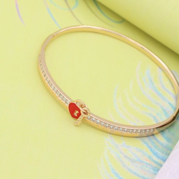 Rose Gold Bangle with Red Heart Lock and Key Charm Accent, XPBL0562 - Picture 3 of 12